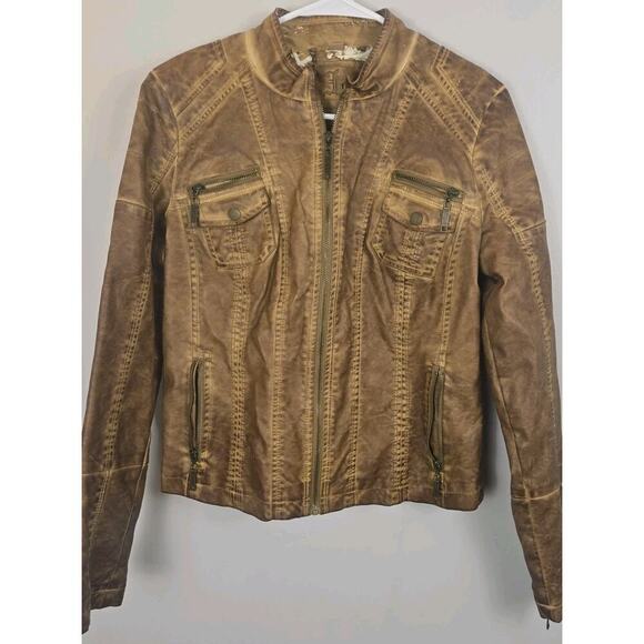 THRASHED J2 Camel Brown Faux Leather Jacket Crop LARGE Moto Steampunk Grunge Y2K - Picture 1 of 10